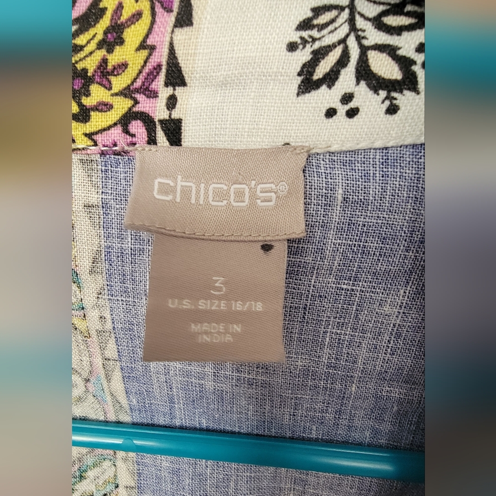 Chico's Linen Open Cardigan XL/16 3 Boho Patchwork Blue Green - Picture 3 of 5